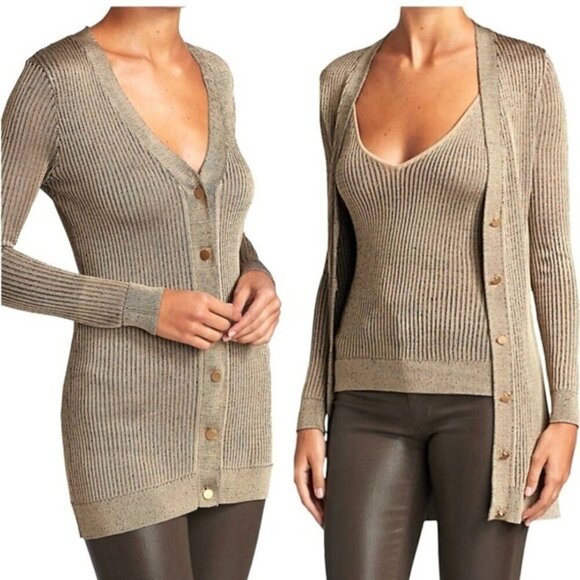 L'AGENCE Millie V-Neck Cardigan Button Down Ribbed Knit in Tan Women's S - Picture 10 of 10